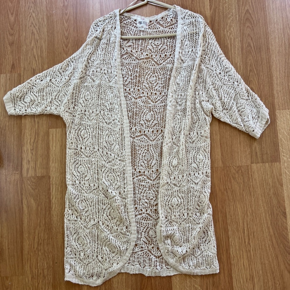 Crochet Pointelle Longline Cardigan Womens Large Cream Ivory Festival Boho Soft - Picture 12 of 14
